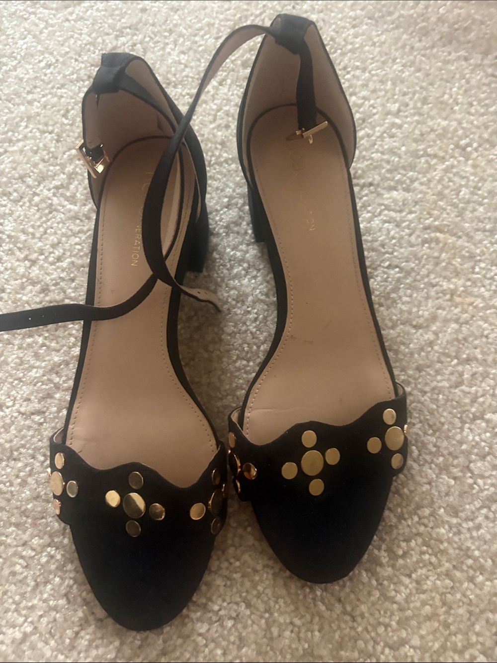 BCBG Black Open-Toe Block Heel Sandals with Gold Studs